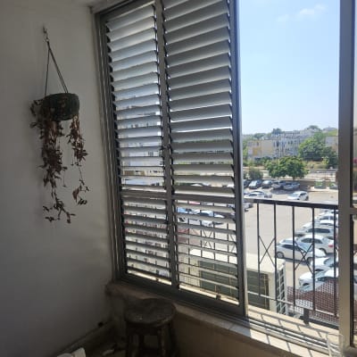 תריסים פתוחים בחלון עם נוף חיצוני