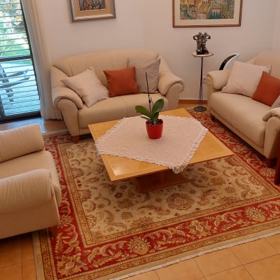 ספות בהירות עם כריות על שטיח צבעוני