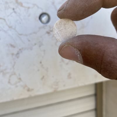 אצבעות מחזיקות דיסקית עגולה מול קיר שיש