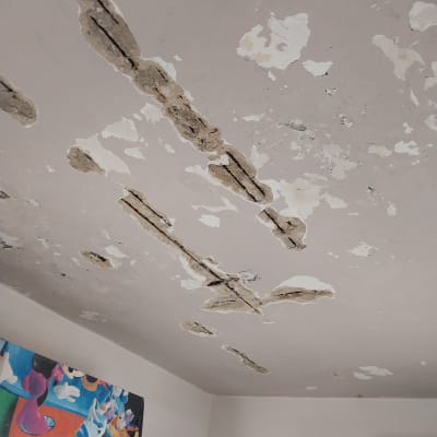 תקרה מתקלפת עם סדקים וכתמי צבע מתקלפים