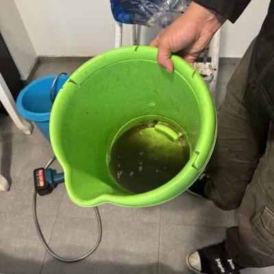 אדם מחזיק דלי ירוק עם מים מלוכלכים