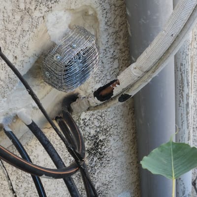 צינור אפור, כבלים שחורים, רשת מתכת על קיר