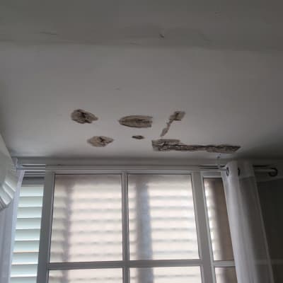 תקרה עם חורים ותיקונים, סולם מתכת ליד החלון