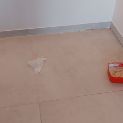 קערה אדומה עם חומר צביעה על הרצפה