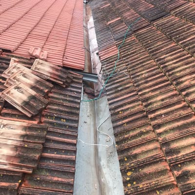 רעפים אדומים עם תעלה מרכזית על גג