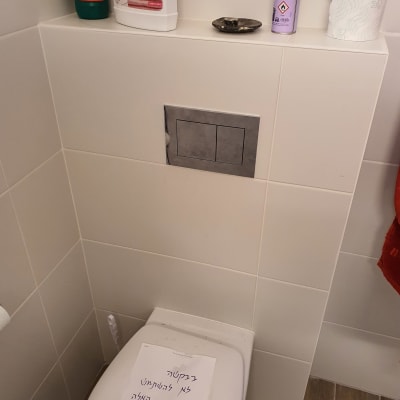 שירותים עם שלט על האסלה, לחצן הדחה כפול