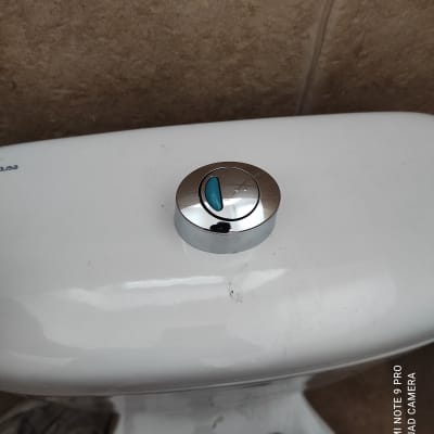 לחצן הדחה כסוף על מיכל אסלה לבן