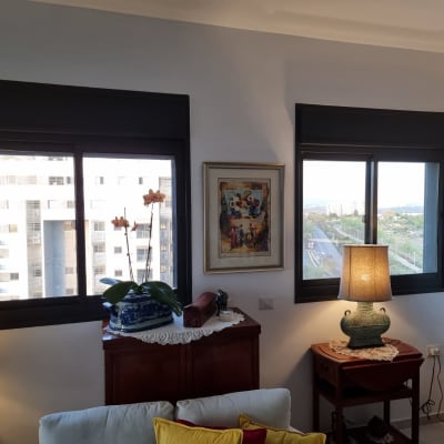 חלונות אלומיניום שחורים עם נוף עירוני