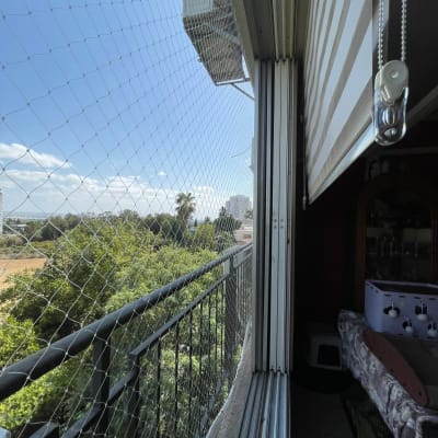 רשת יונים מותקנת על מרפסת עם נוף לעצים ושמיים