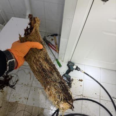 שורש עץ סתום בצנרת עם כלים לתיקון