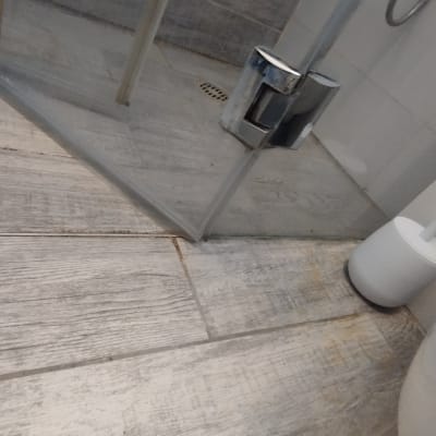 מקלחון זכוכית עם רצפת עץ ומברשת שירותים