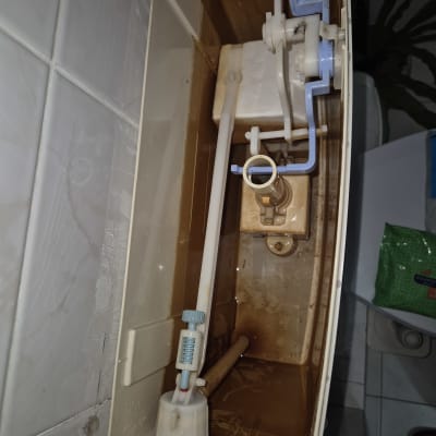 מיכל הדחה פתוח עם מנגנון פנימי וצינורות פלסטיק