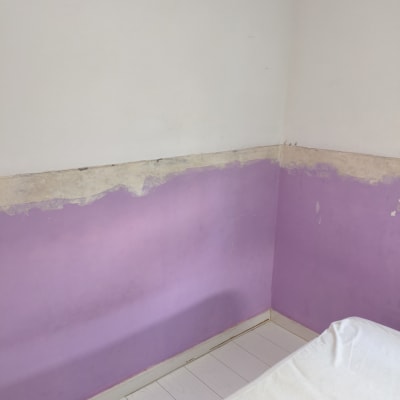 קיר צבוע חלקית בצבע סגול ולבן