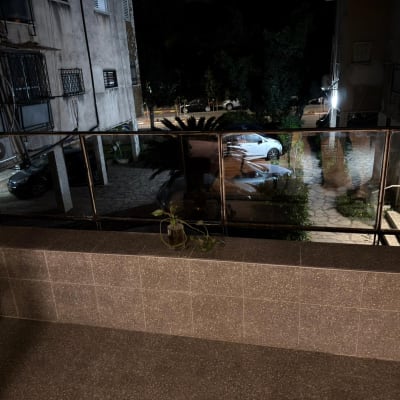 מרפסת עם מעקה זכוכית וצמח קטן