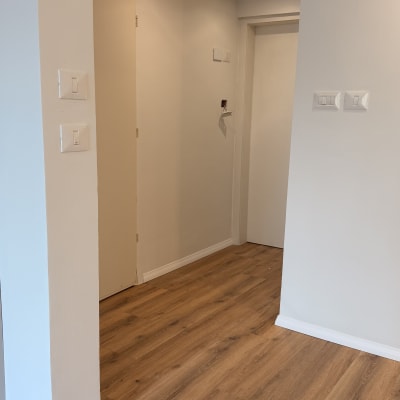 רצפת פרקט במסדרון עם דלתות לבנות