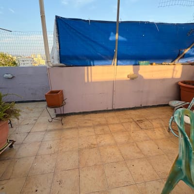 מרפסת עם עציצים וכיסאות, ללא אנשים או טקסט.