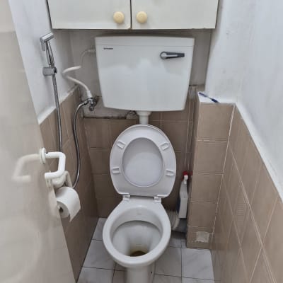 תמונה של שירותים עם אסלה ומיכל הדחה