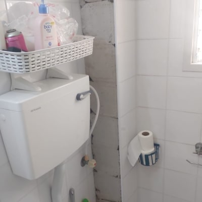 קיר בלוקים חשוף ליד אסלה בחדר אמבטיה