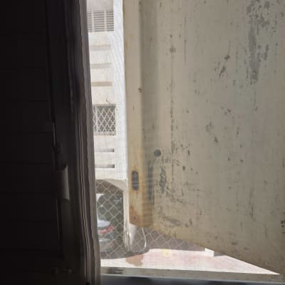 חלון עם מסגרת רשת ומבנה חיצוני ברקע