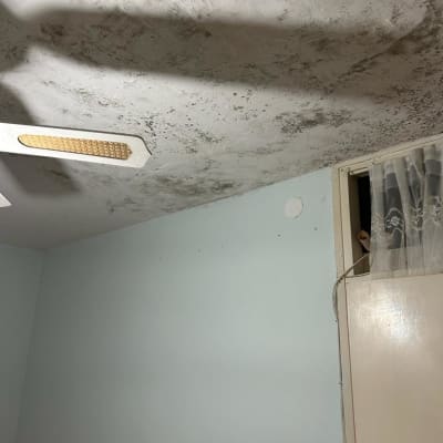 תקרה עם סימני רטיבות ועובש ליד מנורה