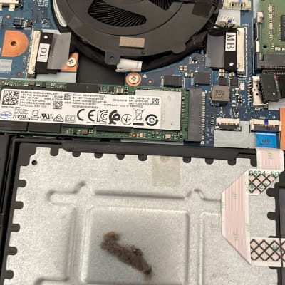 חלקים פנימיים של מחשב נייד עם מאוורר וכונן SSD