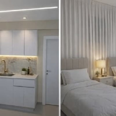 מטבח וחדר שינה לאחר צביעה ועיצוב מחדש
