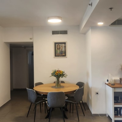 תאורה עגולה בתקרה בחדר אוכל מודרני