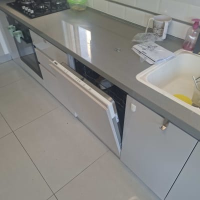 מטבח עם מדיח כלים פתוח ומשטח עבודה נקי