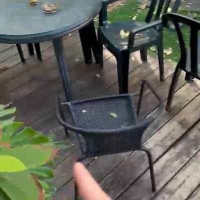 אדם מצביע על כיסא פלסטיק בגינה