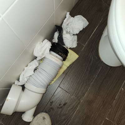 צינור ביוב מנותק עם ניירות טואלט סביבו