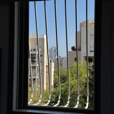 סורגים בחלון עם נוף לבניינים ועצים