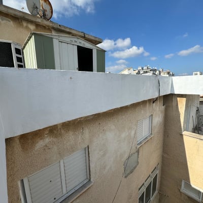 צלחת לוויין ומבנה קטן על גג בניין