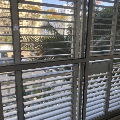 חלון עם תריסים פתוחים ונוף חיצוני של עצים ובניינים