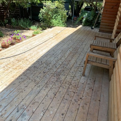 דק עץ עם כיסאות ועצים מסביב בגינה