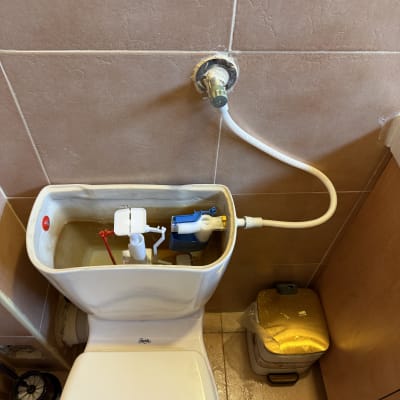 תמונה של אסלה עם מכסה פתוח וצינור מים