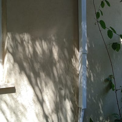 צינור מיזוג אוויר על קיר חיצוני עם צמחייה מסביב