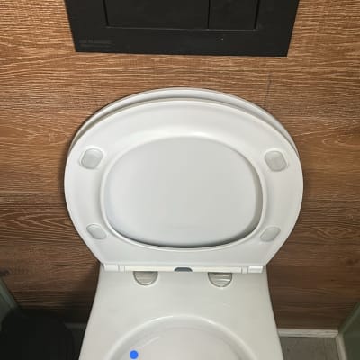 אסלה לבנה עם כפתור הדחה על קיר עץ