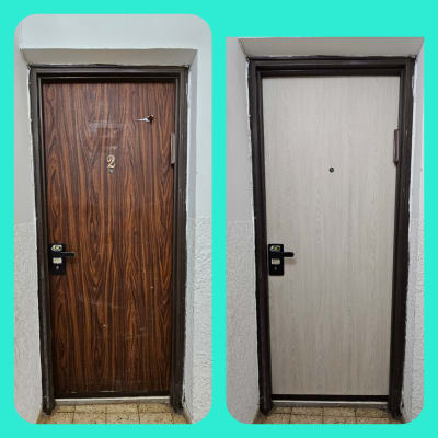 שתי דלתות לפני ואחרי ציפוי מחדש בתחום הדלתות
