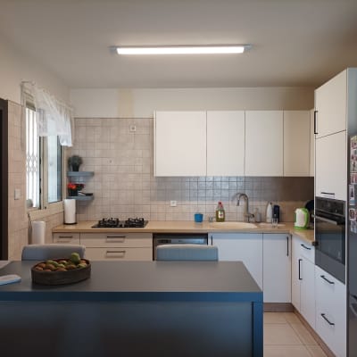 מטבח מודרני עם ארונות לבנים וכיור נירוסטה