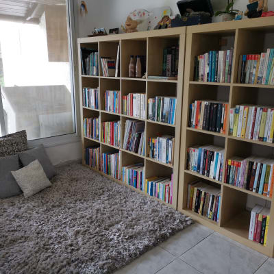 ספרייה עם מדפים מלאים בספרים, שטיח וכריות על הרצפה