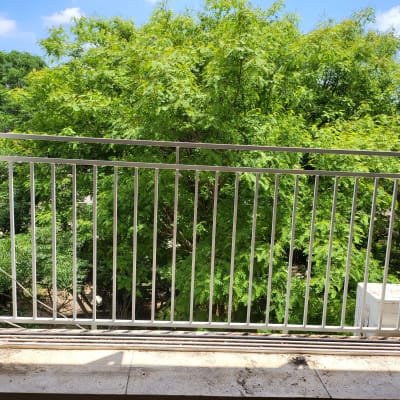 מעקה מתכת לבן עם נוף של עצים ירוקים ברקע