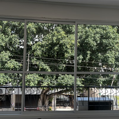 חלון גדול עם נוף של עצים בחוץ