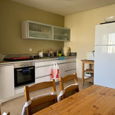 מטבח מודרני עם תנור, מקרר ושולחן עץ