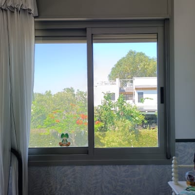 חלון עם תריסים ונוף חיצוני של עצים ובניין