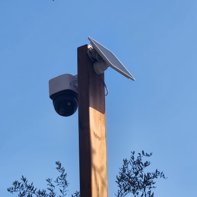 מצלמת אבטחה מותקנת על עמוד עץ עם פאנל סולארי