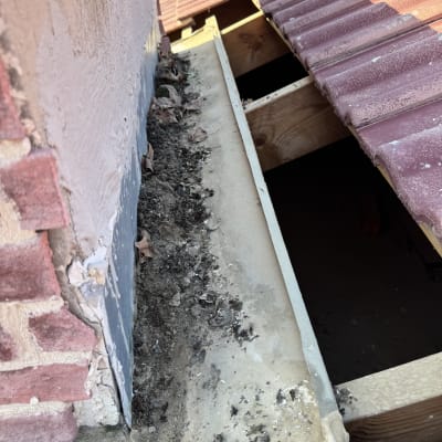 גג רעפים עם עלים ואבק על התעלה