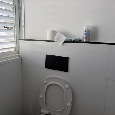 שירותים עם חלון, נייר טואלט ומוצרי ניקוי על מדף