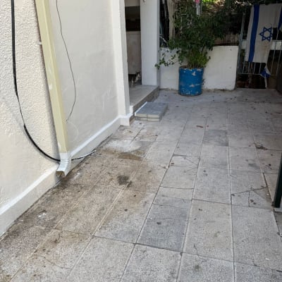 חצר עם ריצוף, קיר צבוע וצמחייה