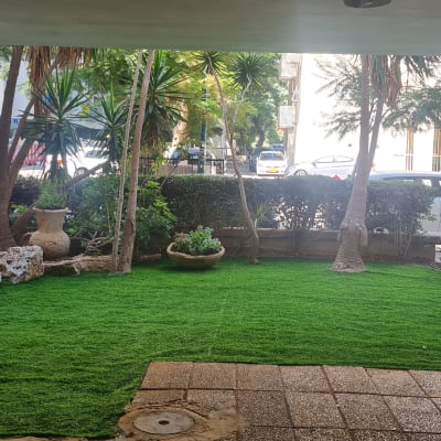 גינה עם דשא מלאכותי, עציצים ועצים קטנים