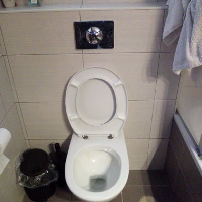 אסלה, מיכל הדחה ומברשת שירותים בחדר אמבטיה